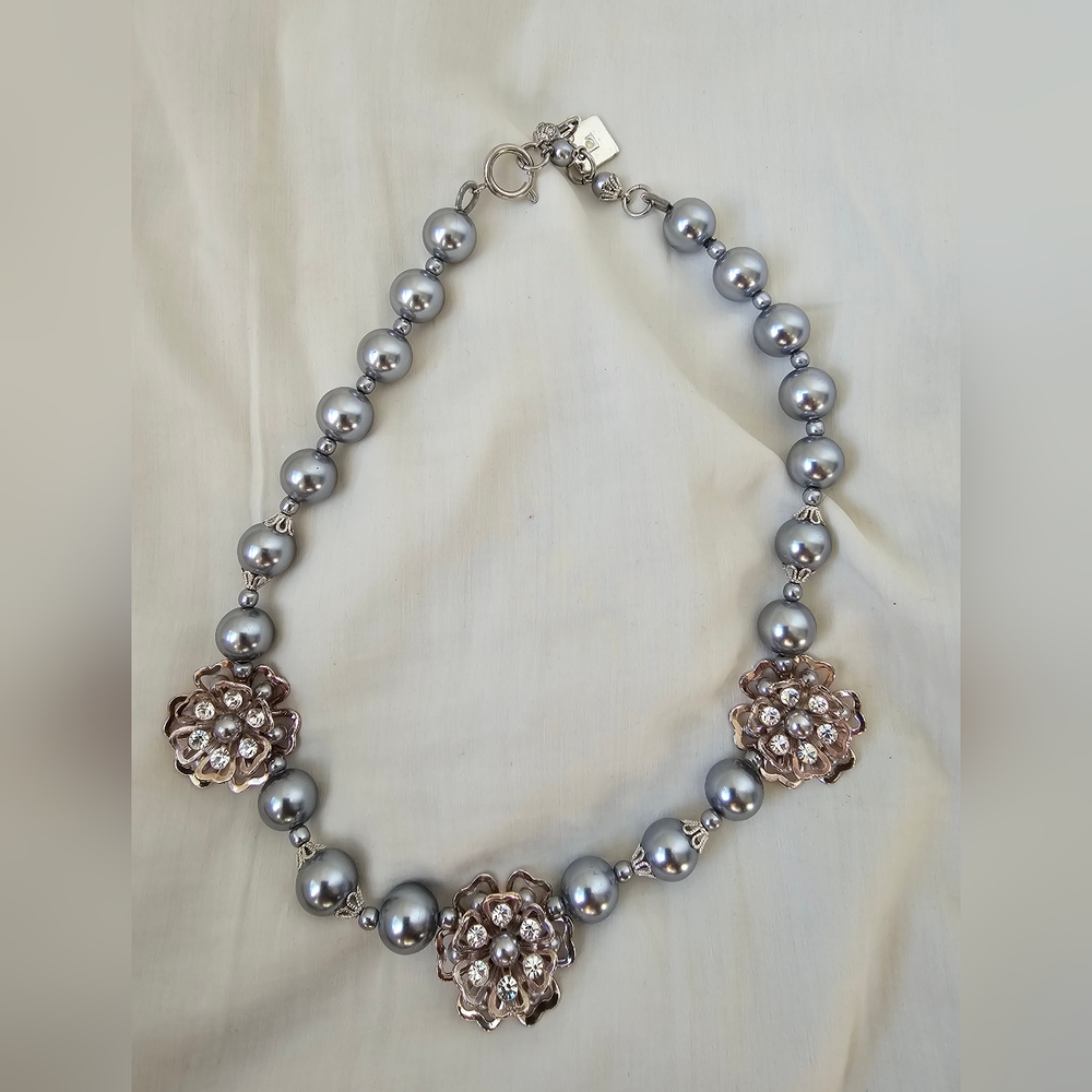 Liz Claiborne Vintage Iridescent Pearl, flowers Silver Tone and Crystal